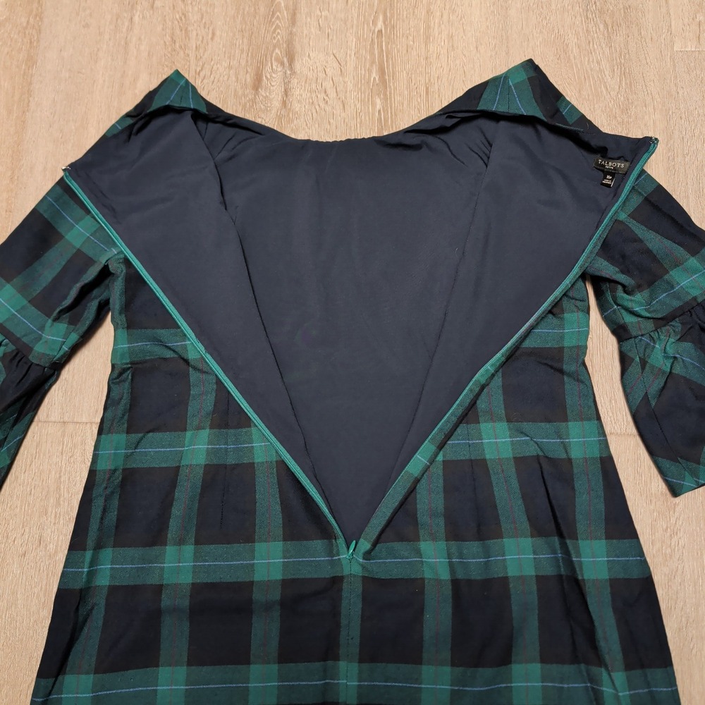 Talbots Plaid Sheath Dress Womens 16P Green Black‎ Excellent Bell Sleeve Lined - Picture 6 of 9